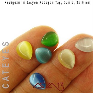 Mavi-Sarı Renk Kedigözü 8x10/3 mm Damla İmitasyon Cam Kaboşon / Paket İçeriği 6 Adet