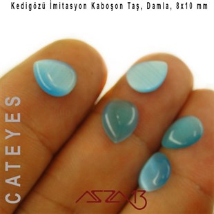 Mavi Renk Kedigözü 8x10/3 mm Damla İmitasyon Cam Kaboşon / Paket İçeriği 5 Adet