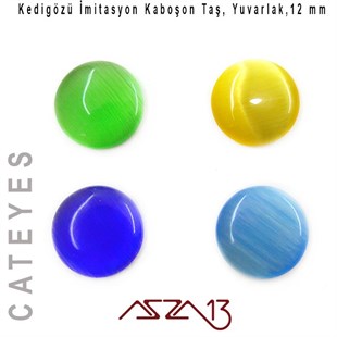 Mavi-Sarı Renk Kedigözü 12/3 mm Yuvarlak İmitasyon Cam Kaboşon / Paket İçeriği 4 Adet