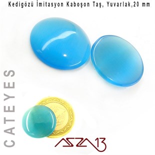 Mavi Renk Kedigözü 20/4,5 mm Yuvarlak İmitasyon Cam Kaboşon / Paket İçeriği 1 Adet