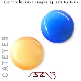 Mavi-Haki Renk Kedigözü 16/5 mm Yuvarlak İmitasyon Cam Kaboşon / Paket İçeriği 2 Adet