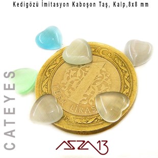 Mavi-Gri Renk Kedigözü 8x8/3 mm Kalp İmitasyon Cam Kaboşon / Paket İçeriği 6 Adet