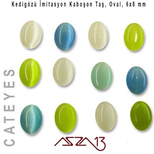 Mavi-Yeşil Renk Kedigözü 6x8/2,5 mm Oval İmitasyon Cam Kaboşon / Paket İçeriği 12 Adet