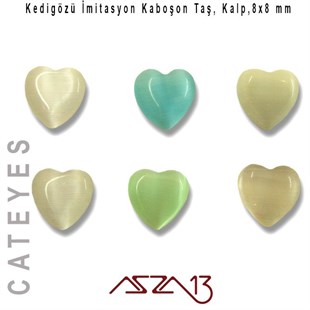 Mavi-Gri Renk Kedigözü 8x8/3 mm Kalp İmitasyon Cam Kaboşon / Paket İçeriği 6 Adet