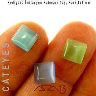 Mavi-Yeşil Renk Kedigözü 8x8/3 mm Kare İmitasyon Cam Kaboşon / Paket İçeriği 6 Adet