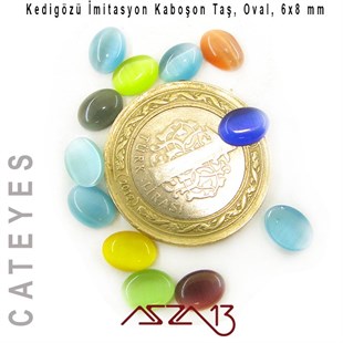 Mavi-Sarı Renk Kedigözü 6x8/2,5 mm Oval İmitasyon Cam Kaboşon / Paket İçeriği 12 Adet
