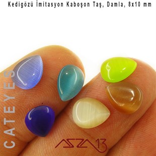 Mavi-Yeşil Renk Kedigözü 8x10/3 mm Damla İmitasyon Cam Kaboşon / Paket İçeriği 6 Adet