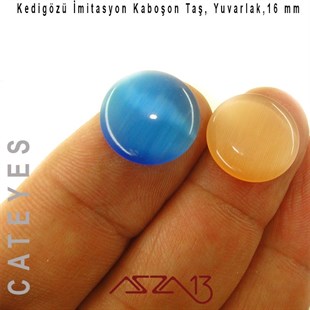 Mavi-Haki Renk Kedigözü 16/5 mm Yuvarlak İmitasyon Cam Kaboşon / Paket İçeriği 2 Adet