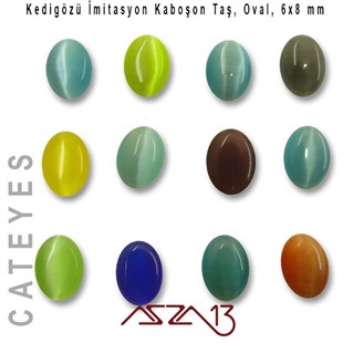 Mavi-Sarı Renk Kedigözü 6x8/2,5 mm Oval İmitasyon Cam Kaboşon / Paket İçeriği 12 Adet