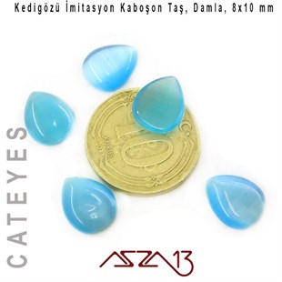 Mavi Renk Kedigözü 8x10/3 mm Damla İmitasyon Cam Kaboşon / Paket İçeriği 5 Adet