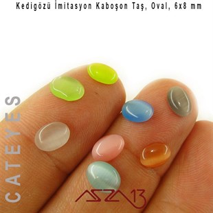 Pembe-Yeşil Renk Kedigözü 6x8/2,5 mm Oval İmitasyon Cam Kaboşon / Paket İçeriği 12 Adet