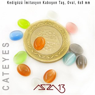 Pembe-Yeşil Renk Kedigözü 6x8/2,5 mm Oval İmitasyon Cam Kaboşon / Paket İçeriği 12 Adet