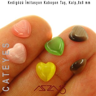 Pembe-Yeşil Renk Kedigözü 8x8/3 mm Kalp İmitasyon Cam Kaboşon / Paket İçeriği 6 Adet