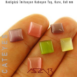 Pembe-Mor Renk Kedigözü 8x8/3 mm Kare İmitasyon Cam Kaboşon / Paket İçeriği 6 Adet