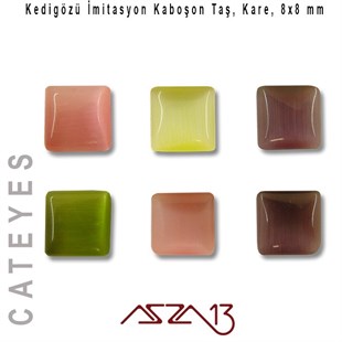 Pembe-Mor Renk Kedigözü 8x8/3 mm Kare İmitasyon Cam Kaboşon / Paket İçeriği 6 Adet
