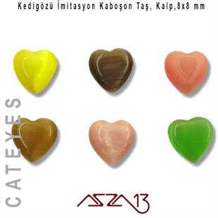 Pembe-Yeşil Renk Kedigözü 8x8/3 mm Kalp İmitasyon Cam Kaboşon / Paket İçeriği 6 Adet