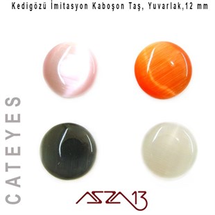 Pembe-Turuncu Renk Kedigözü 12/3 mm Yuvarlak İmitasyon Cam Kaboşon / Paket İçeriği 4 Adet