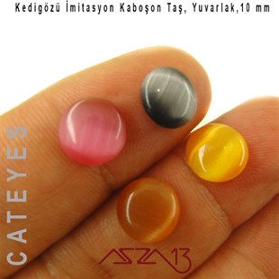 Pembe-Sarı Renk Kedigözü 10/3 mm Yuvarlak İmitasyon Cam Kaboşon / Paket İçeriği 4 Adet
