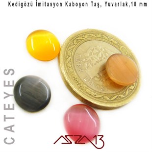 Pembe-Sarı Renk Kedigözü 10/3 mm Yuvarlak İmitasyon Cam Kaboşon / Paket İçeriği 4 Adet