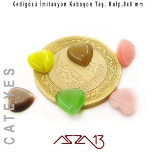 Pembe-Yeşil Renk Kedigözü 8x8/3 mm Kalp İmitasyon Cam Kaboşon / Paket İçeriği 6 Adet