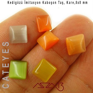 Sarı-Turuncu Renk Kedigözü 8x8/3 mm Kare İmitasyon Cam Kaboşon / Paket İçeriği 6 Adet