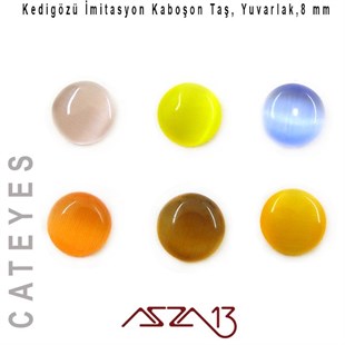 Sarı-Mavi Renk Kedigözü 8/3 mm Yuvarlak İmitasyon Cam Kaboşon / Paket İçeriği 6 Adet