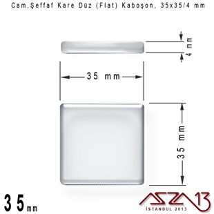 Şeffaf 35 mm, Kare Cam Düz Kaboşon / Paket İçeriği 1 Adet