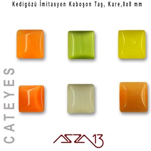 Sarı-Turuncu Renk Kedigözü 8x8/3 mm Kare İmitasyon Cam Kaboşon / Paket İçeriği 6 Adet