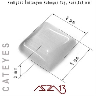 Sarı-Turuncu Renk Kedigözü 8x8/3 mm Kare İmitasyon Cam Kaboşon / Paket İçeriği 6 Adet