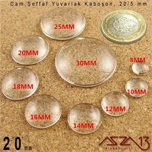 Şeffaf 20 mm, Yuvarlak Cam Kaboşon / Paket İçeriği 1 Adet