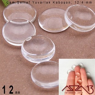 Şeffaf 12 mm, Yuvarlak Cam Kaboşon / Paket İçeriği 4 Adet