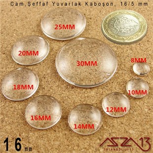 Şeffaf 16 mm, Yuvarlak Cam Kaboşon / Paket İçeriği 2 Adet