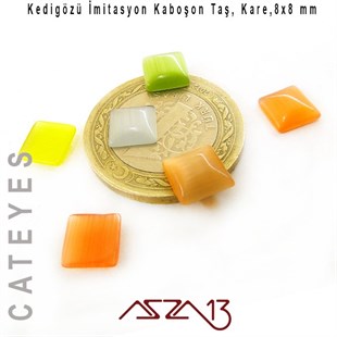Sarı-Turuncu Renk Kedigözü 8x8/3 mm Kare İmitasyon Cam Kaboşon / Paket İçeriği 6 Adet