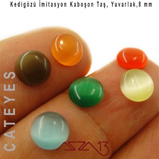 Turuncu-Yeşil Renk Kedigözü 8/3 mm Yuvarlak İmitasyon Cam Kaboşon / Paket İçeriği 6 Adet