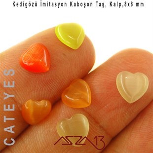 Turuncu-Beyaz Renk Kedigözü 8x8/3 mm Kalp İmitasyon Cam Kaboşon / Paket İçeriği 6 Adet