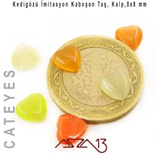 Turuncu-Beyaz Renk Kedigözü 8x8/3 mm Kalp İmitasyon Cam Kaboşon / Paket İçeriği 6 Adet