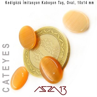 Turuncu Renk Kedigözü 10x14/3 mm Oval İmitasyon Cam Kaboşon / Paket İçeriği 4 Adet