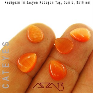 Turuncu Renk Kedigözü 8x10/3 mm Damla İmitasyon Cam Kaboşon / Paket İçeriği 5 Adet