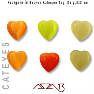Turuncu-Beyaz Renk Kedigözü 8x8/3 mm Kalp İmitasyon Cam Kaboşon / Paket İçeriği 6 Adet