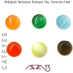 Turuncu-Yeşil Renk Kedigözü 8/3 mm Yuvarlak İmitasyon Cam Kaboşon / Paket İçeriği 6 Adet