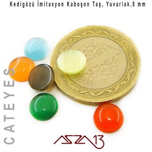 Turuncu-Yeşil Renk Kedigözü 8/3 mm Yuvarlak İmitasyon Cam Kaboşon / Paket İçeriği 6 Adet