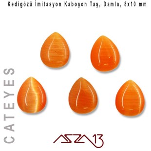 Turuncu Renk Kedigözü 8x10/3 mm Damla İmitasyon Cam Kaboşon / Paket İçeriği 5 Adet