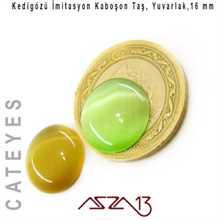 Yeşil Renk Kedigözü 16/5 mm Yuvarlak İmitasyon Cam Kaboşon / Paket İçeriği 2 Adet