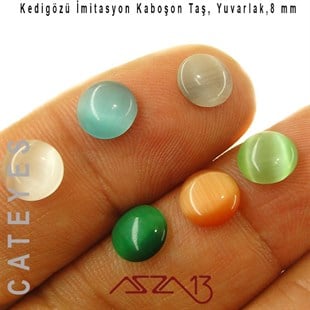 Yeşil-Beyaz Renk Kedigözü 8/3 mm Yuvarlak İmitasyon Cam Kaboşon / Paket İçeriği 6 Adet
