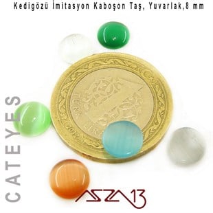 Yeşil-Beyaz Renk Kedigözü 8/3 mm Yuvarlak İmitasyon Cam Kaboşon / Paket İçeriği 6 Adet
