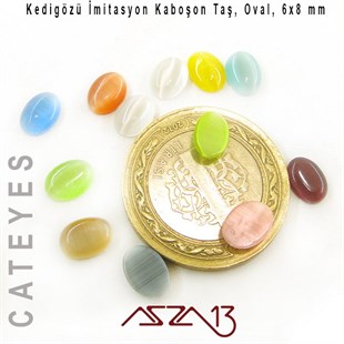 Yeşil-Sarı Renk Kedigözü 6x8/2,5 mm Oval İmitasyon Cam Kaboşon / Paket İçeriği 12 Adet