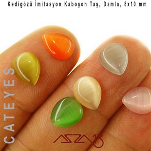 Yeşil-Turuncu Renk Kedigözü 8x10/3 mm Damla İmitasyon Cam Kaboşon / Paket İçeriği 6 Adet