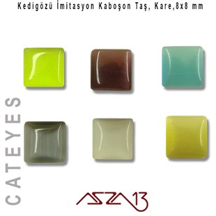 Yeşil-Gri Renk Kedigözü 8x8/3 mm Kare İmitasyon Cam Kaboşon / Paket İçeriği 6 Adet