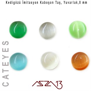 Yeşil-Beyaz Renk Kedigözü 8/3 mm Yuvarlak İmitasyon Cam Kaboşon / Paket İçeriği 6 Adet