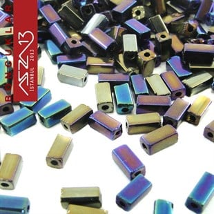 Janjanlı Mavi-Mor Opak 2,0x4,0 mm Dikdörtgen Prizma Cam Boncuk / Paket İçeriği 310 Adet